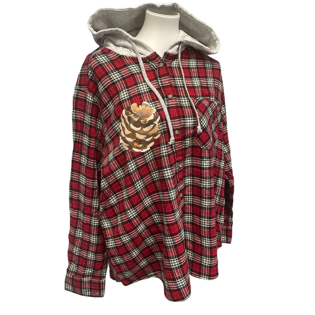 New Hand Printed Womens XXL Rustic Pine Cone Long Sleeve Plaid Flannel Hoodie