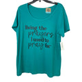New Hand Printed Women Plus Size 1X Blue Living The Prayers Scoop Neck Tee Shirt