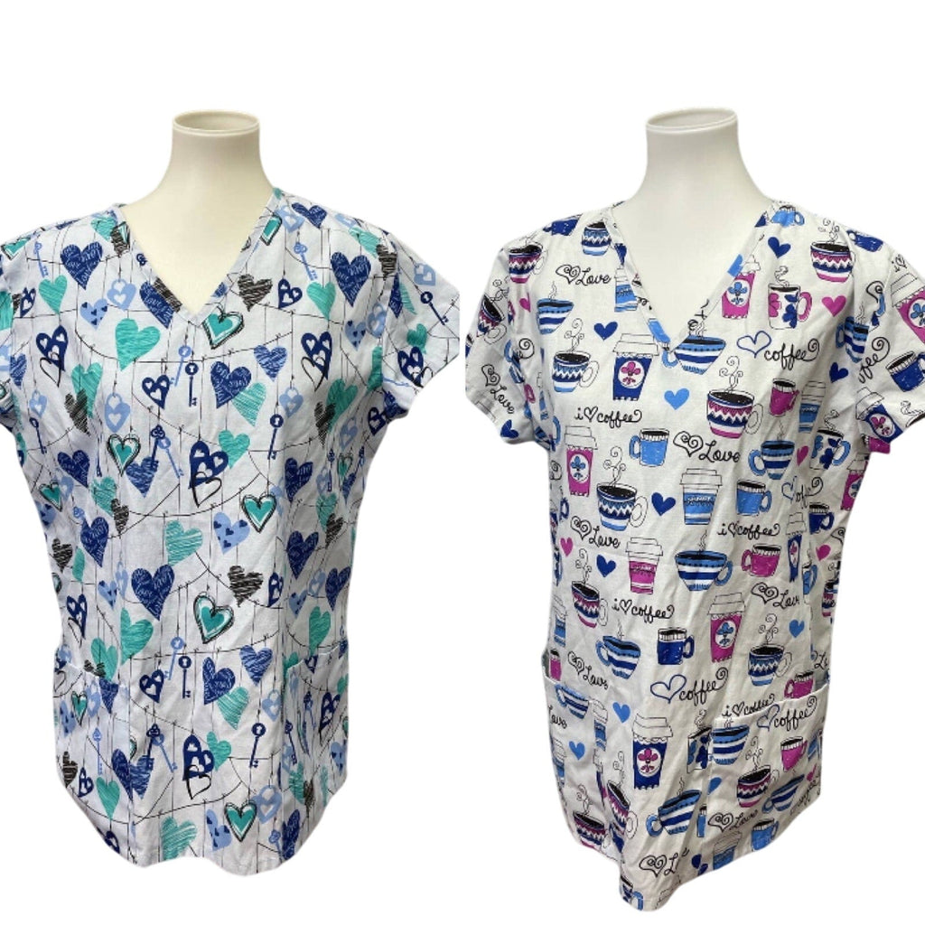 Lot of 2 24/7 Comfort Womens Large Cotton Blend Love Coffee V-Neck Scrub Tops