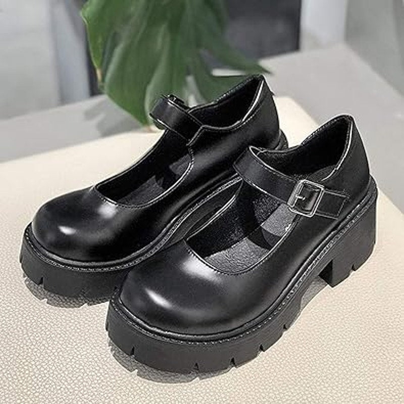 New Womens Size 11 Black Faux Leather 2.5" Platform Heel Mary Jane Chunky Shoes