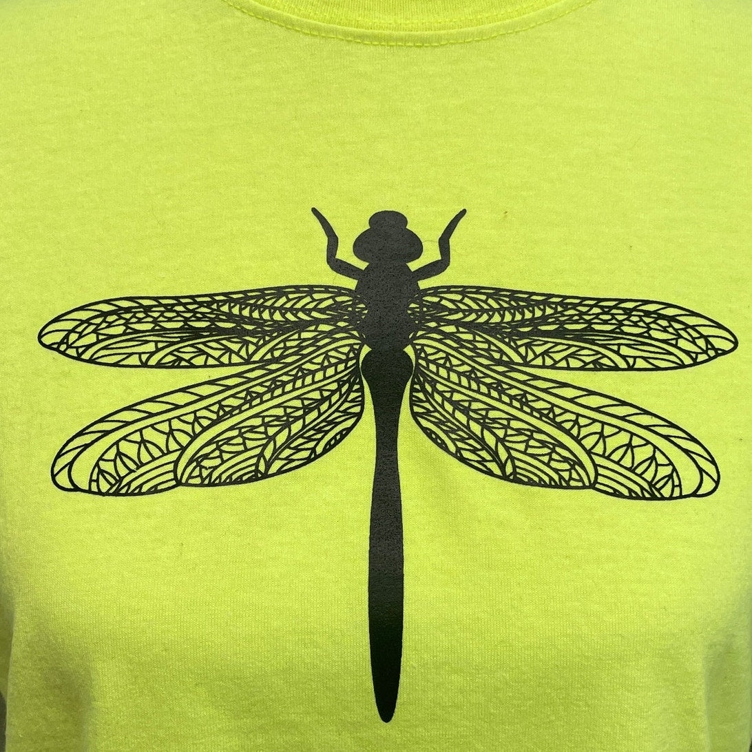 Hand Printed Upcycled Kids XXL Dragonfly Neon Yellow Short Sleeve Tee Shirt