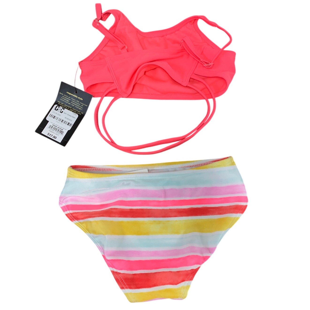 New Art Class Girls XS (4/5) UPF 50+ Neon Stripe Belly Strap Bikini 2PC Swimsuit