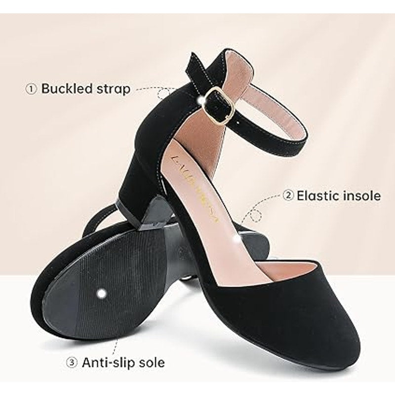 Laurmosa Big Girls Size 2 Black Faux Suede Closed Toe Ankle Strap 2" Heel Shoes