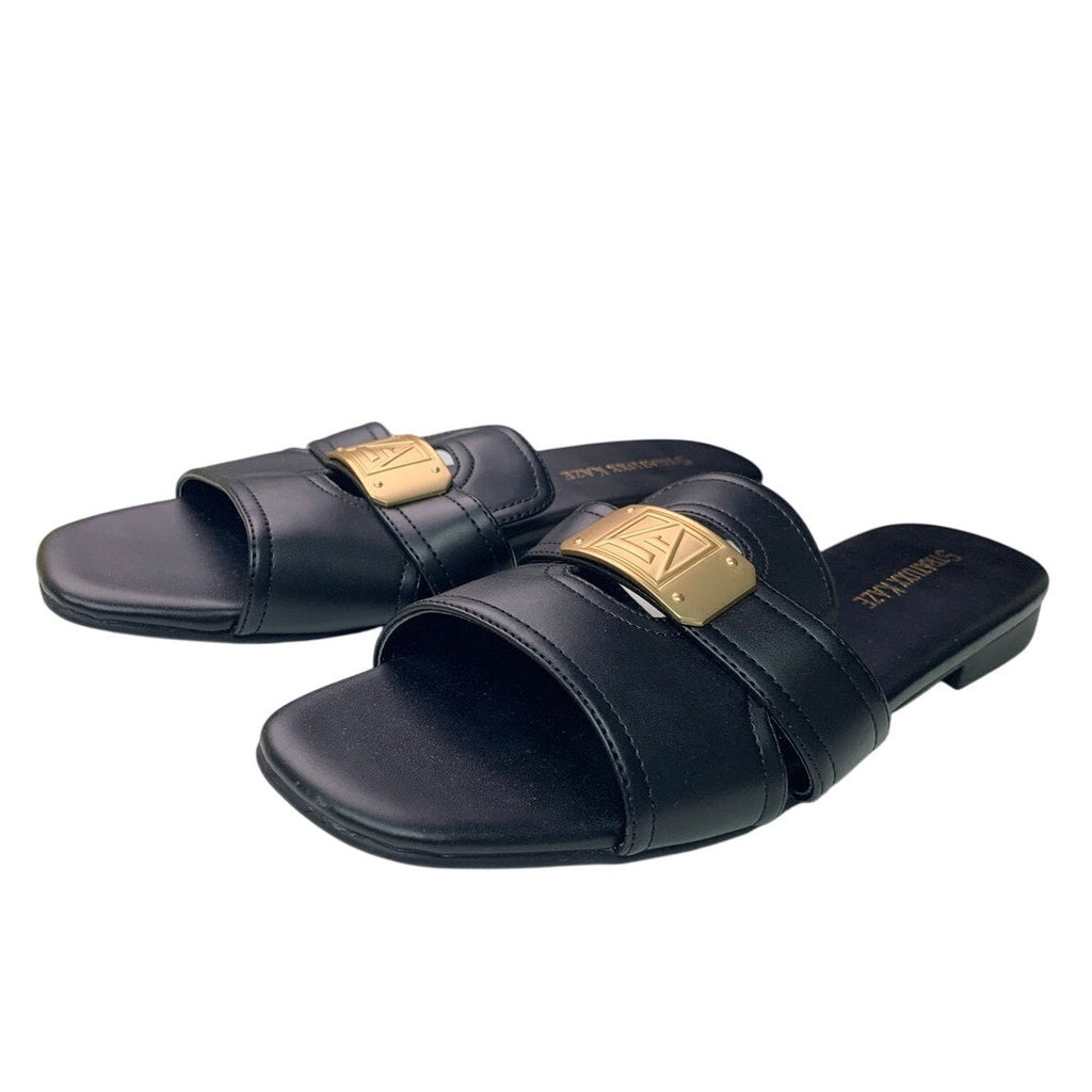 Stratuxx Kaze Womens Size 7 Black Gold Sandal Flats Square Open Toe Shoes
