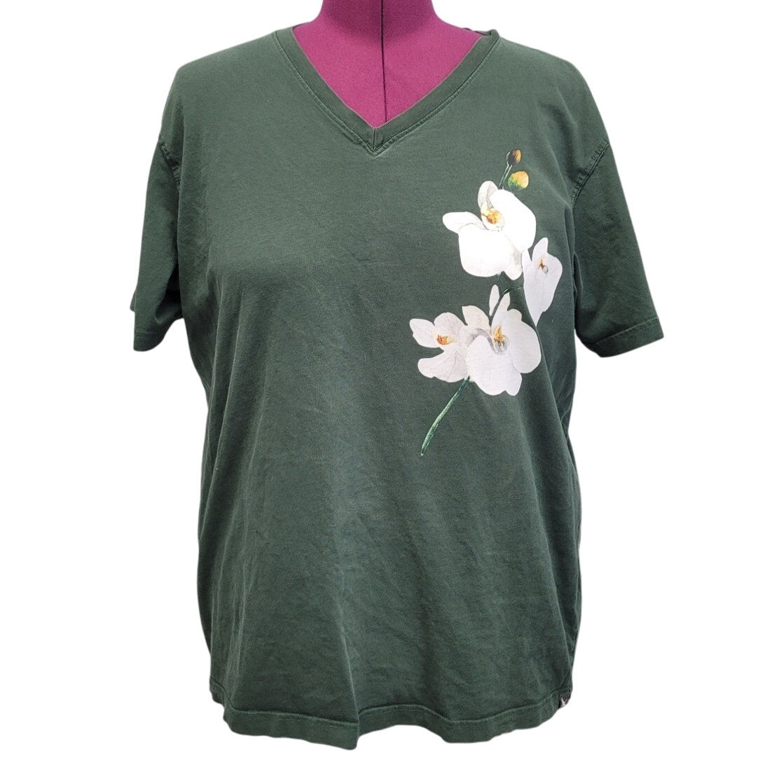 Hand Printed Upcycled Womens 2XL Orchid Flower Short Sleeve VNeck Tee Shirt