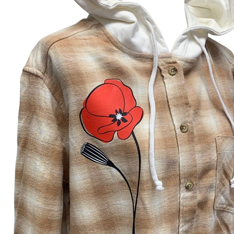 New Hand Printed Womens XL Red Poppy Flower Long Sleeve Plaid Flannel Hoodie
