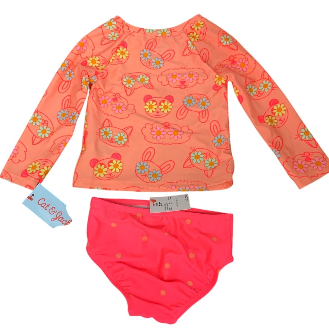 New Cat & Jack Girls 2T UPF 50+ Orange Floral Long Sleeve Bikini 2PC Swimsuit
