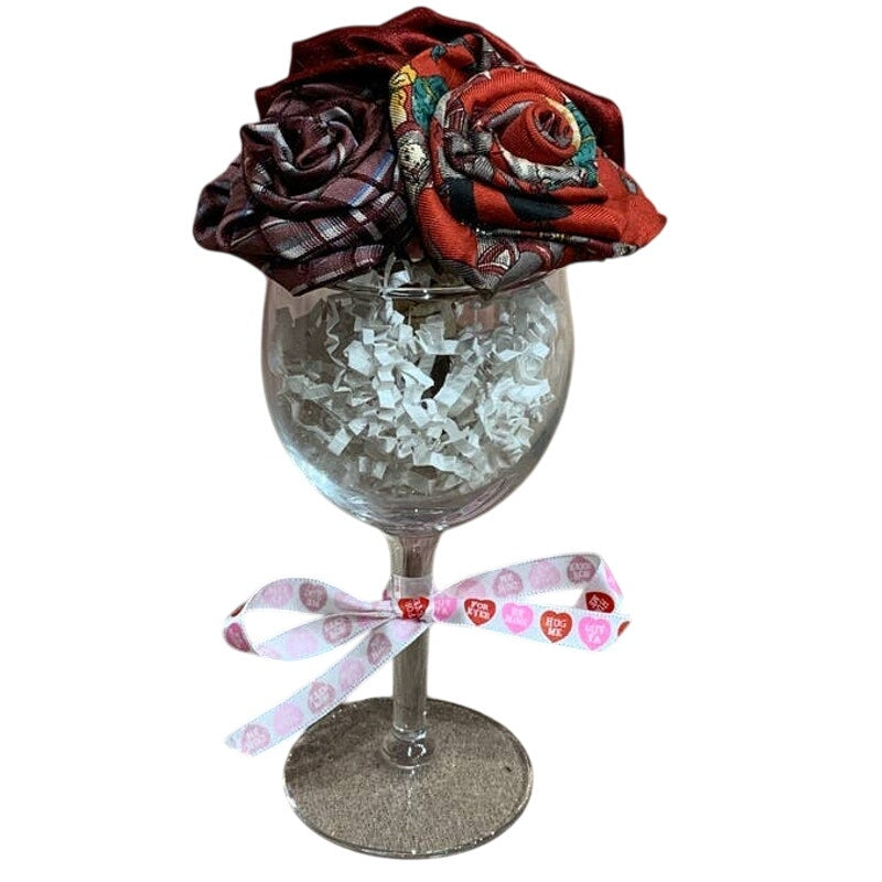 Handmade Upcycled Necktie Red Pink Valentines  Day Gift Bouquet Wine Glass Vase
