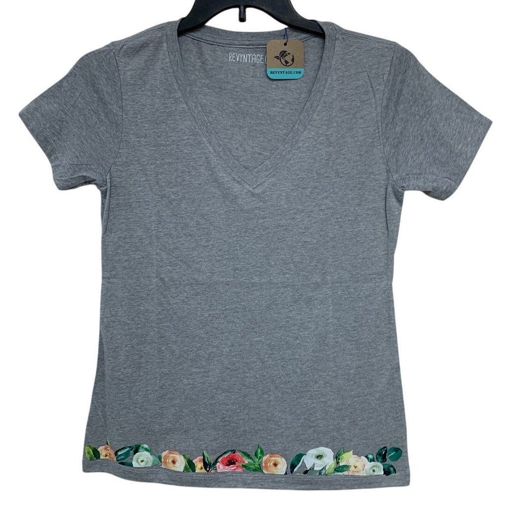New Hand Printed Large Heathered Gray Floral Wrap Around Short Sleeve Tee Shirt