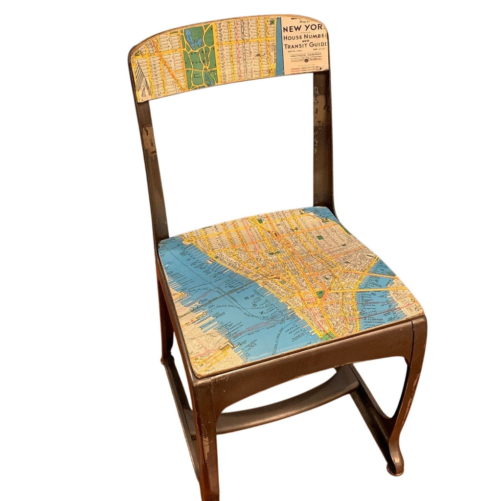 Vintage Small Metal & Wood Child Desk Chair Decoupaged w 1952 Manhattan Map
