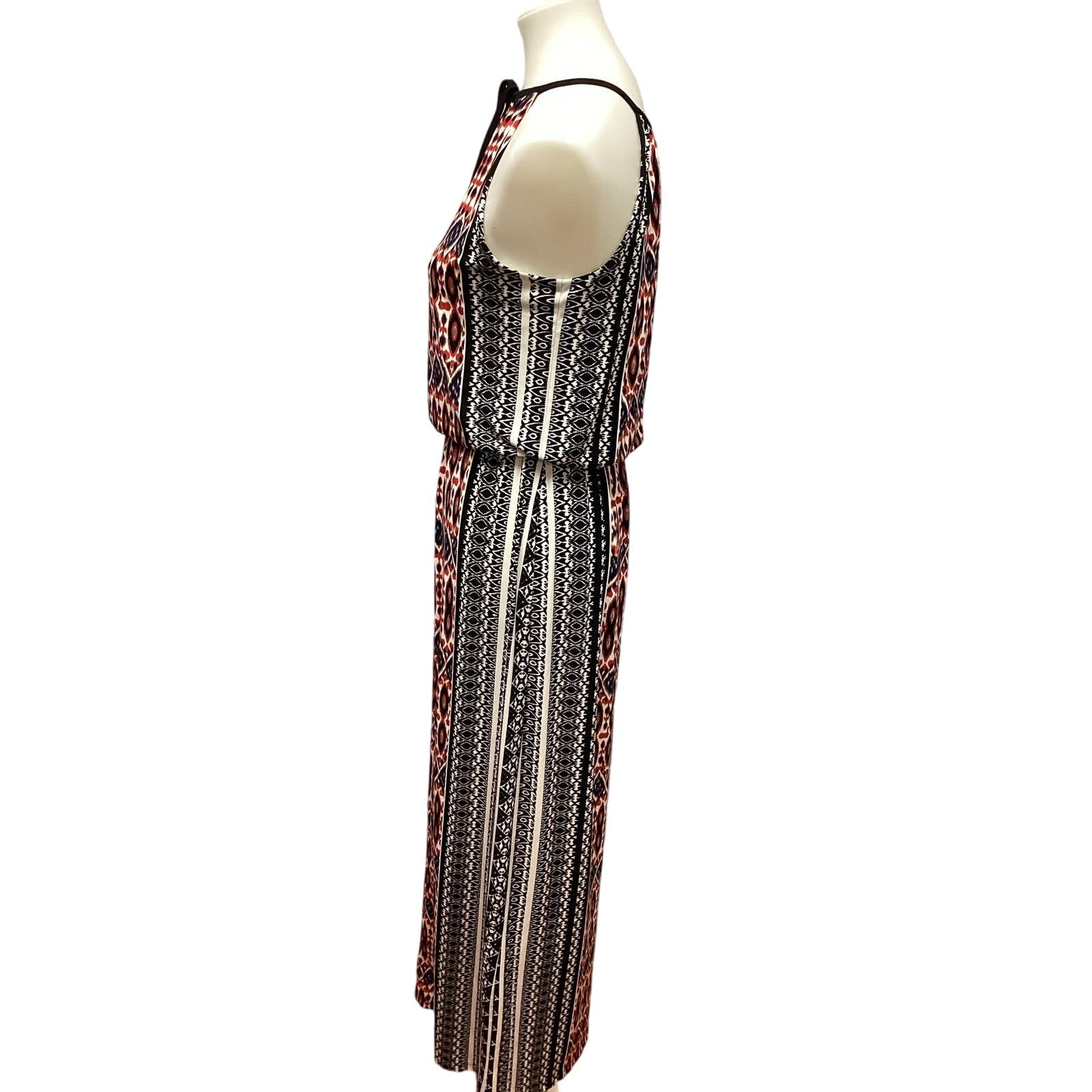 London Times Size 6 Geometric Stripe Sleeveless Front Tie Polyester Maxi Dress