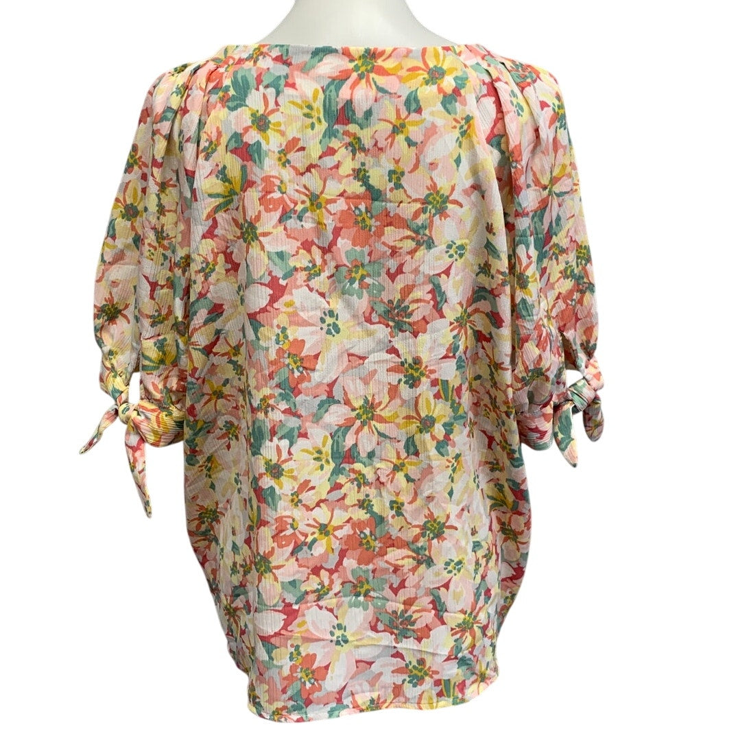 LC Lauren Conrad Womens XL Pastel Floral Cottage Core Tied Sleeve Button Up Top