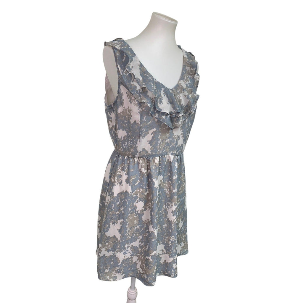 GAP Womens Size 10 Gray Blue Sleeveless V-Neck Ruffle Washable Fit Flare Dress