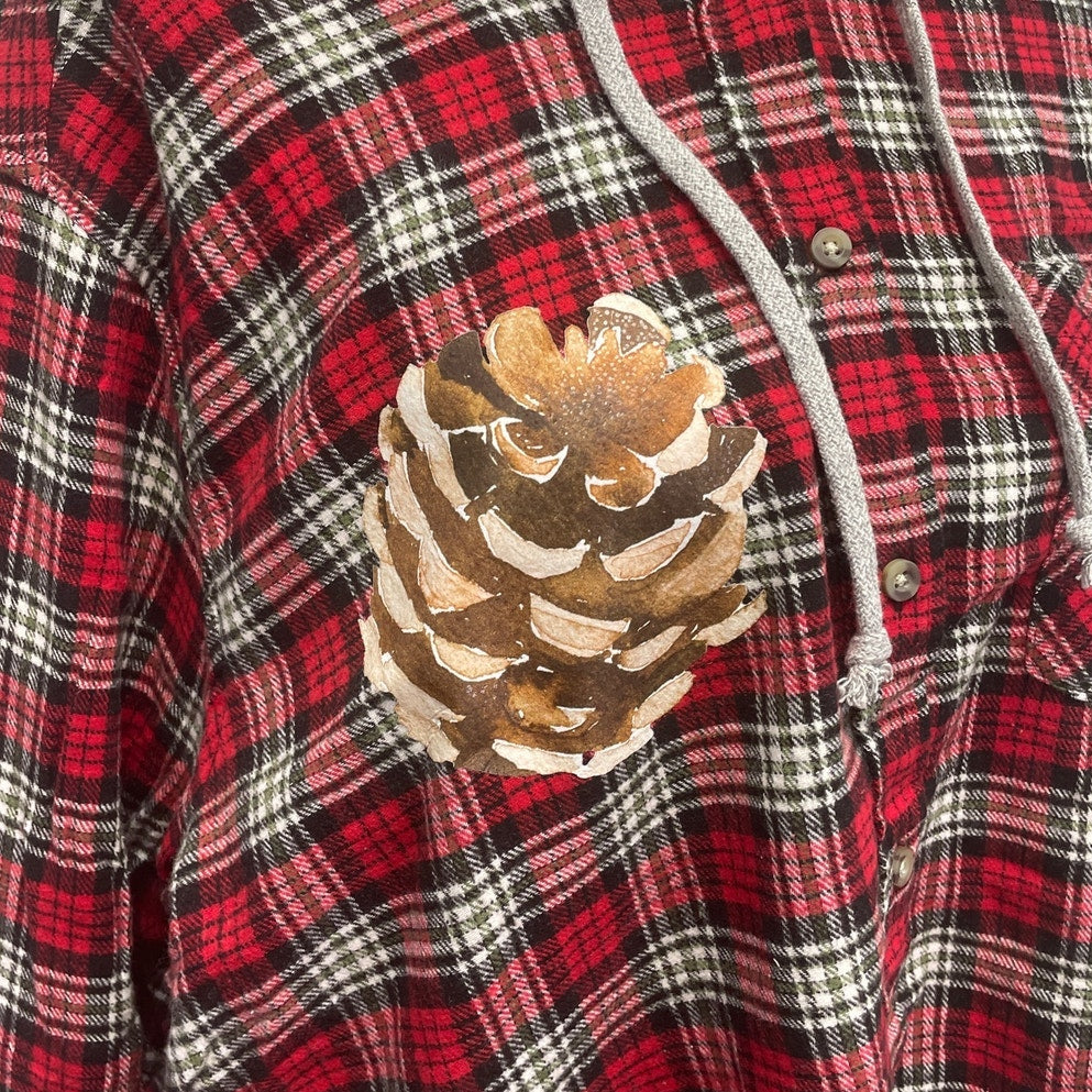 New Hand Printed Womens Small Rustic Pine Cone Long Sleeve Plaid Flannel Hoodie