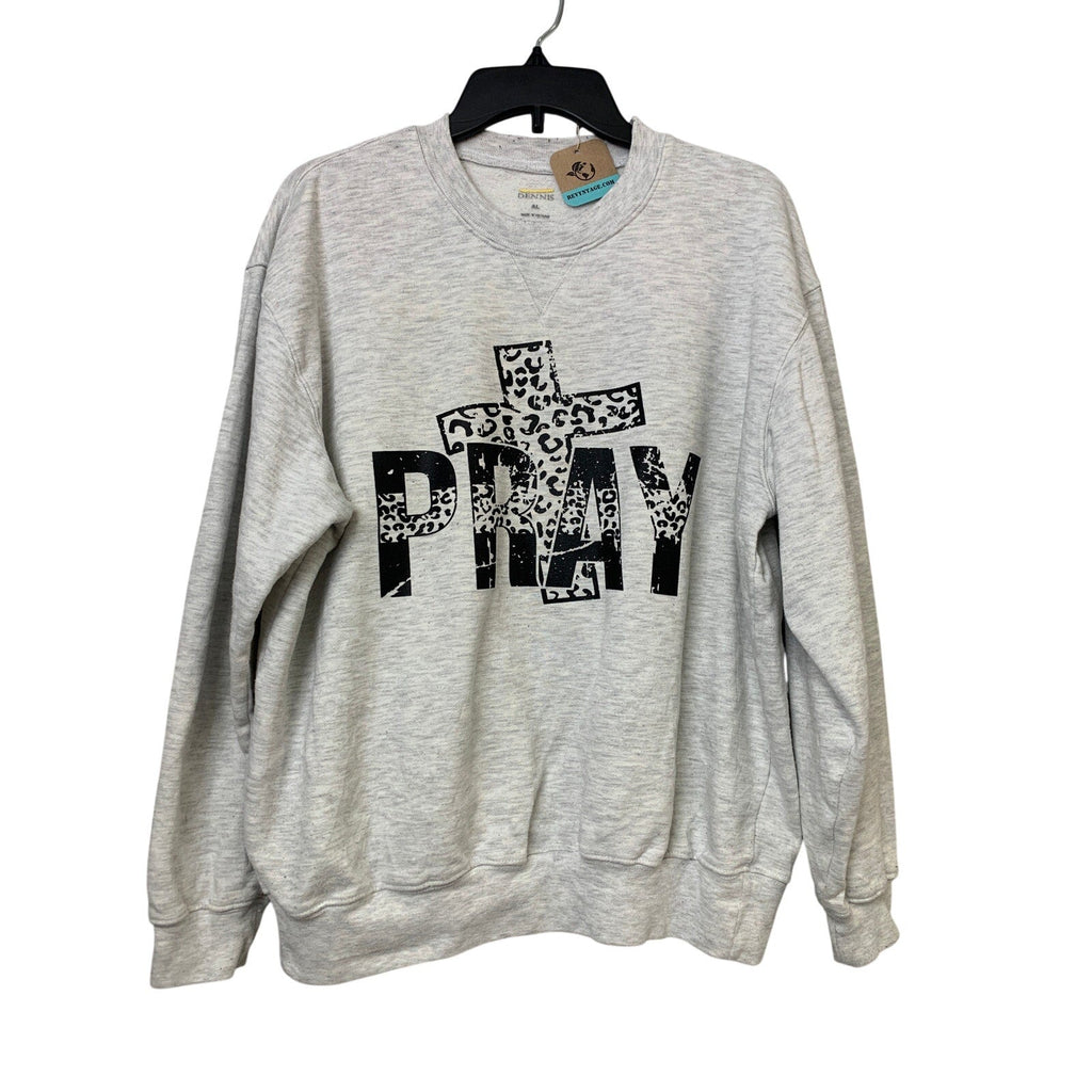 Hand Printed Upcycled Mens Large Gray Pray Crucifix Long Sleeve Sweatshirt