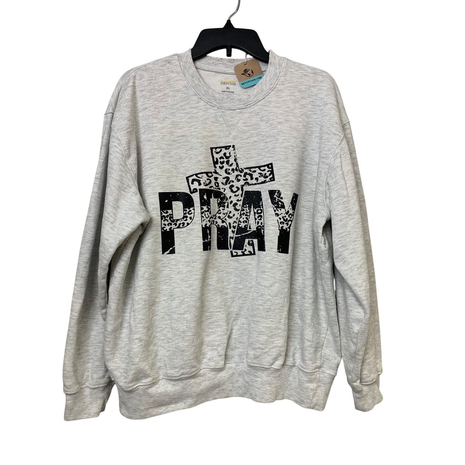 Hand Printed Upcycled Mens Large Gray Pray Crucifix Long Sleeve Sweatshirt