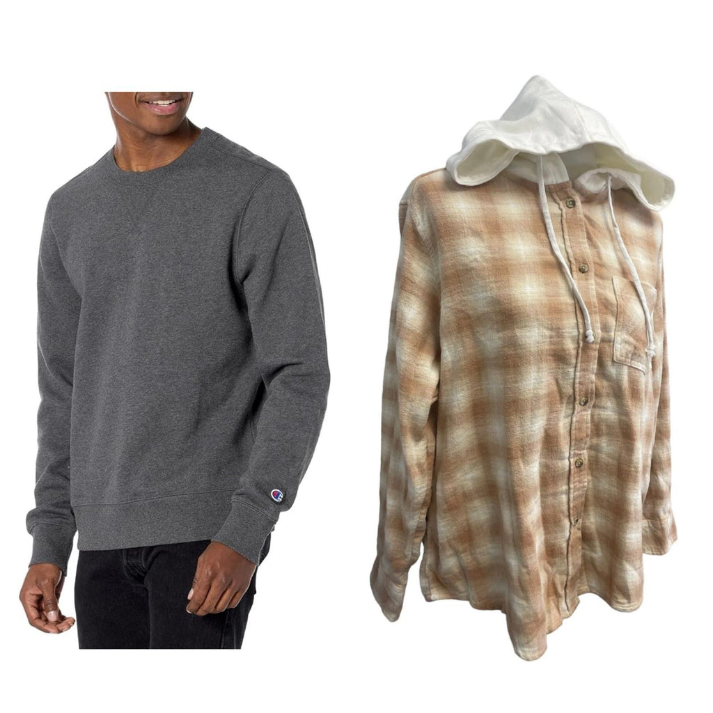 New Champion Unisex Small Gray Pullover Sweatshirt w Bonus Plaid Flannel Hoodie