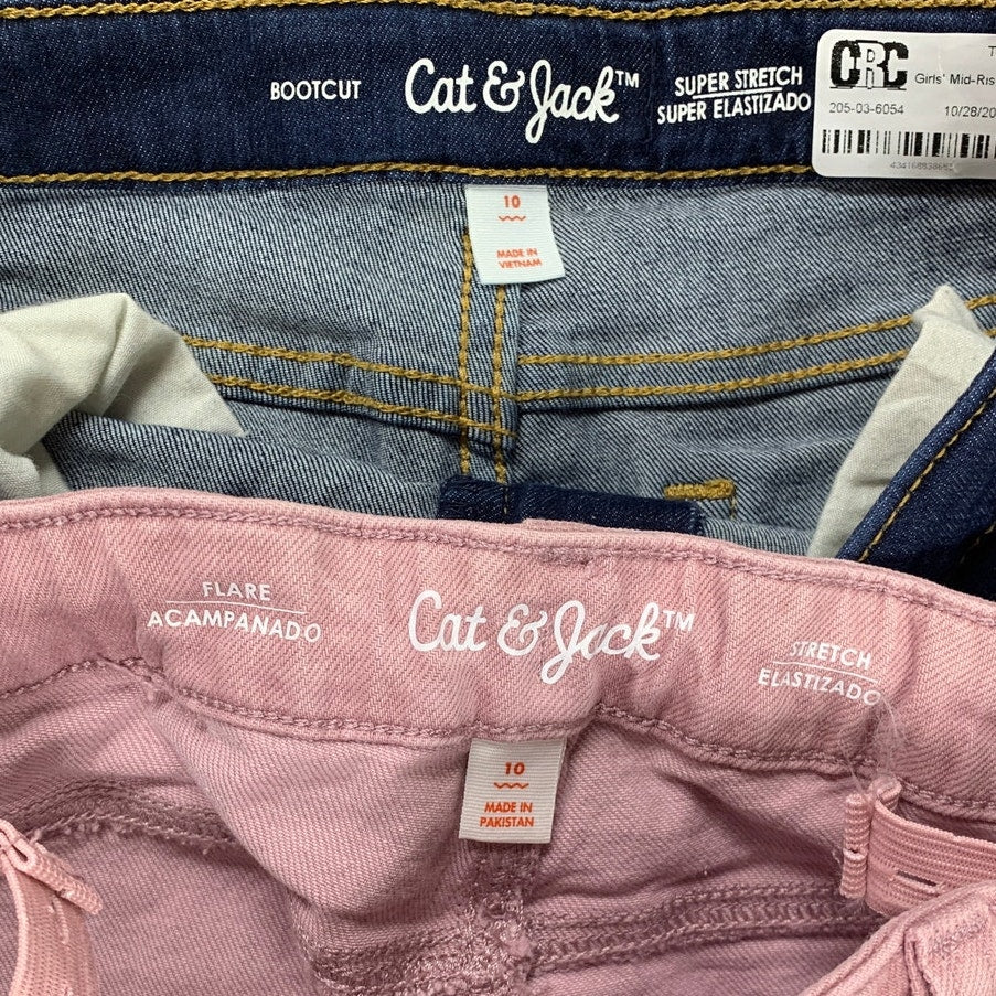 2 Cat & Jack Girls Size 10 Stretch Flare Boot Cut Adjustable Waist Denim Jeans