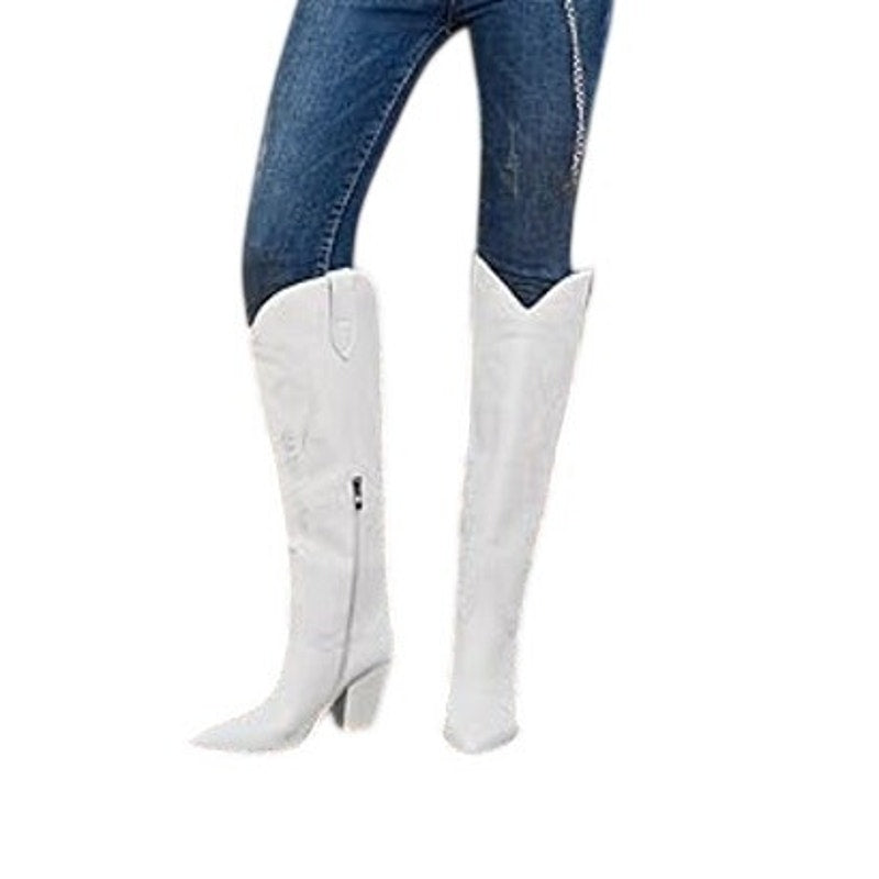 Isnom Womens Size 9 White Faux Leather 4" Heel Knee High Cowboy Western Boots