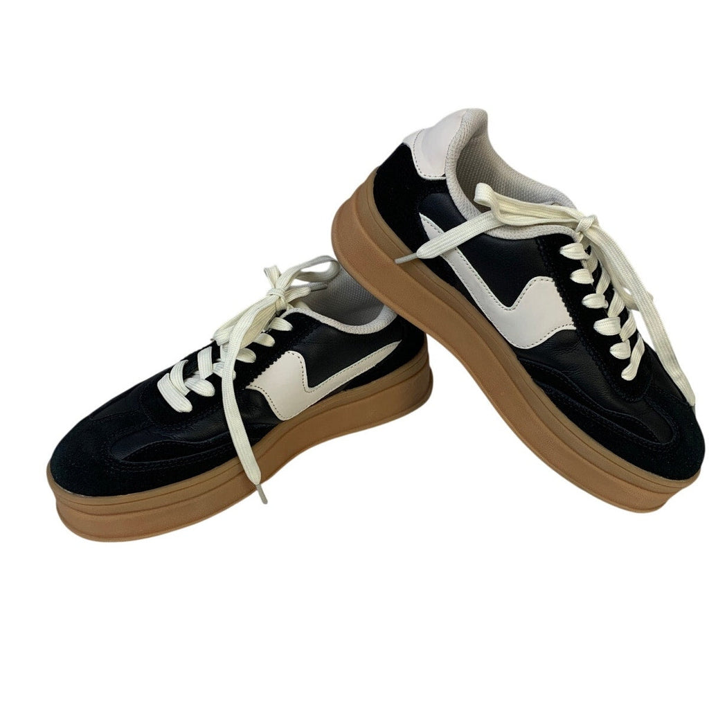 Lucky Step Womens 8 Black 1.5" Platform Sneakers Lace Up Round Close Toe Shoes