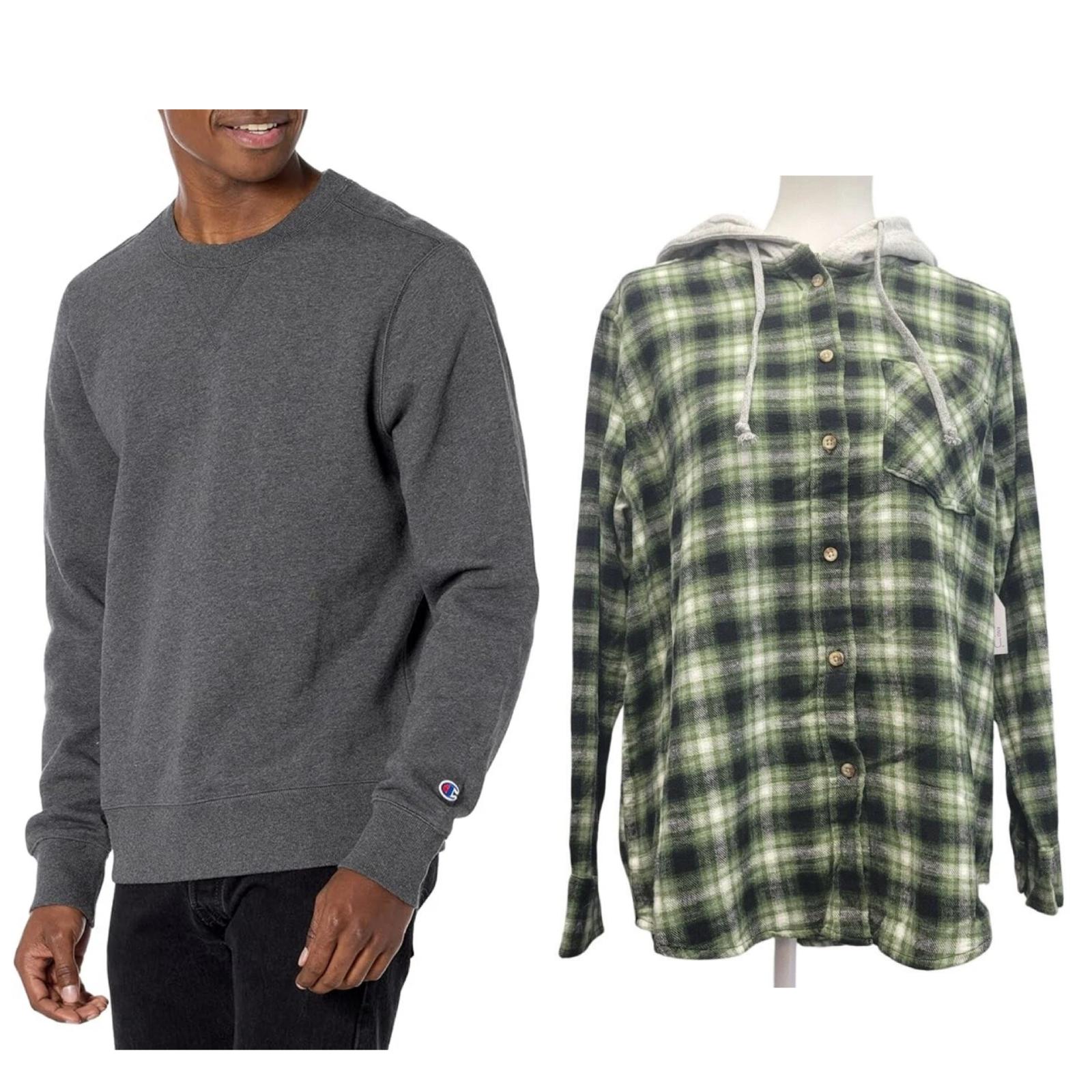 New Champion Unisex Medium Gray Pullover Sweatshirt w Bonus Plaid Flannel Hoodie