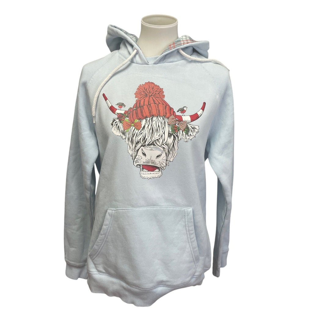 Upcycled Hand Printed Medium Christmas Cow w Hat Bows Birds Sweatshirt Hoodie
