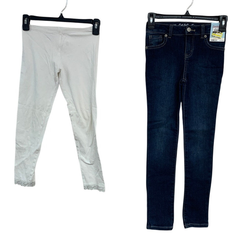 Lot of 2 Cat & Jack Old Navy Girls Large (10/12) white Leggings Denim Blue Jeans