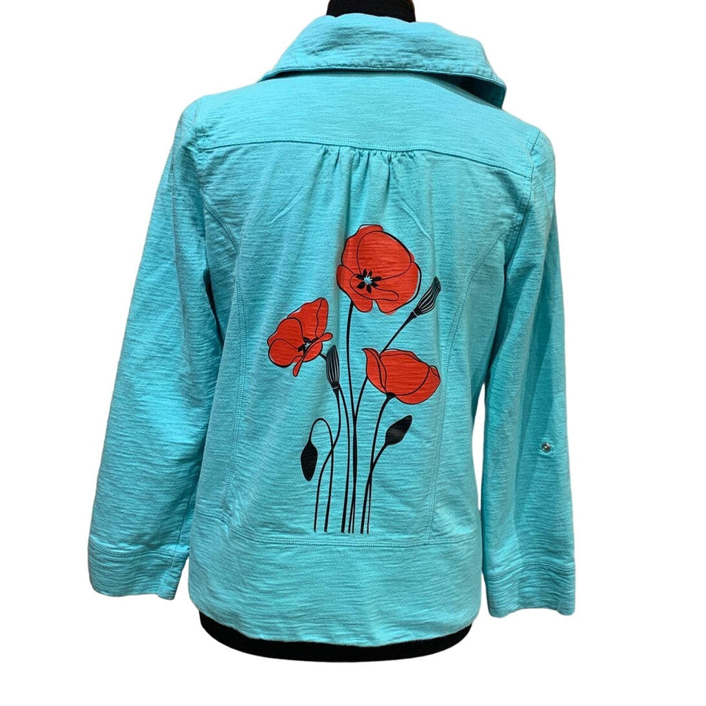 Hand Printed Upcycled Medium Red Poppy Flower 100% Cotton Full Zip Jacket