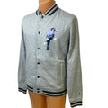 New Champion Mens Small Gray Snap Up Hand Printed Blue Jay Bird Bomber Jacket