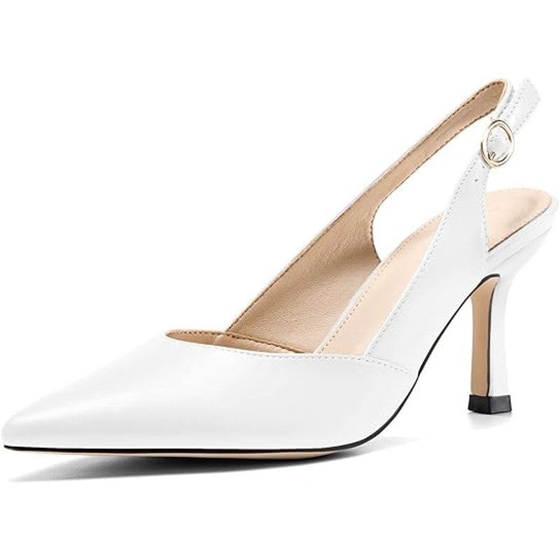 Rilista Womens Size 7 White Faux Leather Pointy Toe Slingback 3.5" Heels Shoes