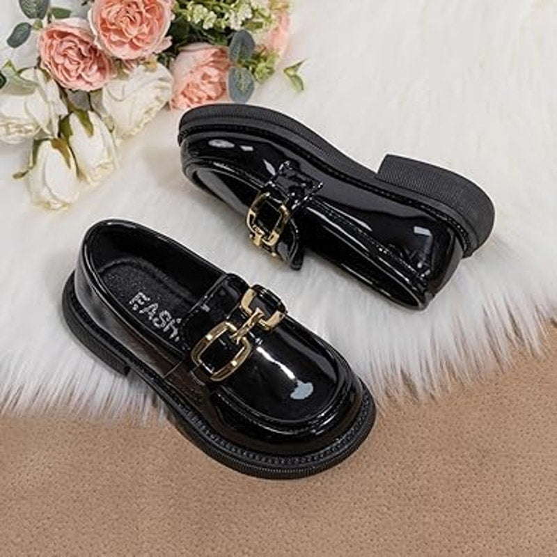 New Oamico Toddler Girls 13 Shiny Black Gold Buckle Slide On Loafer Dress Shoes