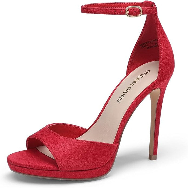 Dream Pairs Womens Size 6 Red 4.5" Heels Peep Round Toe Ankle Strap Shoes