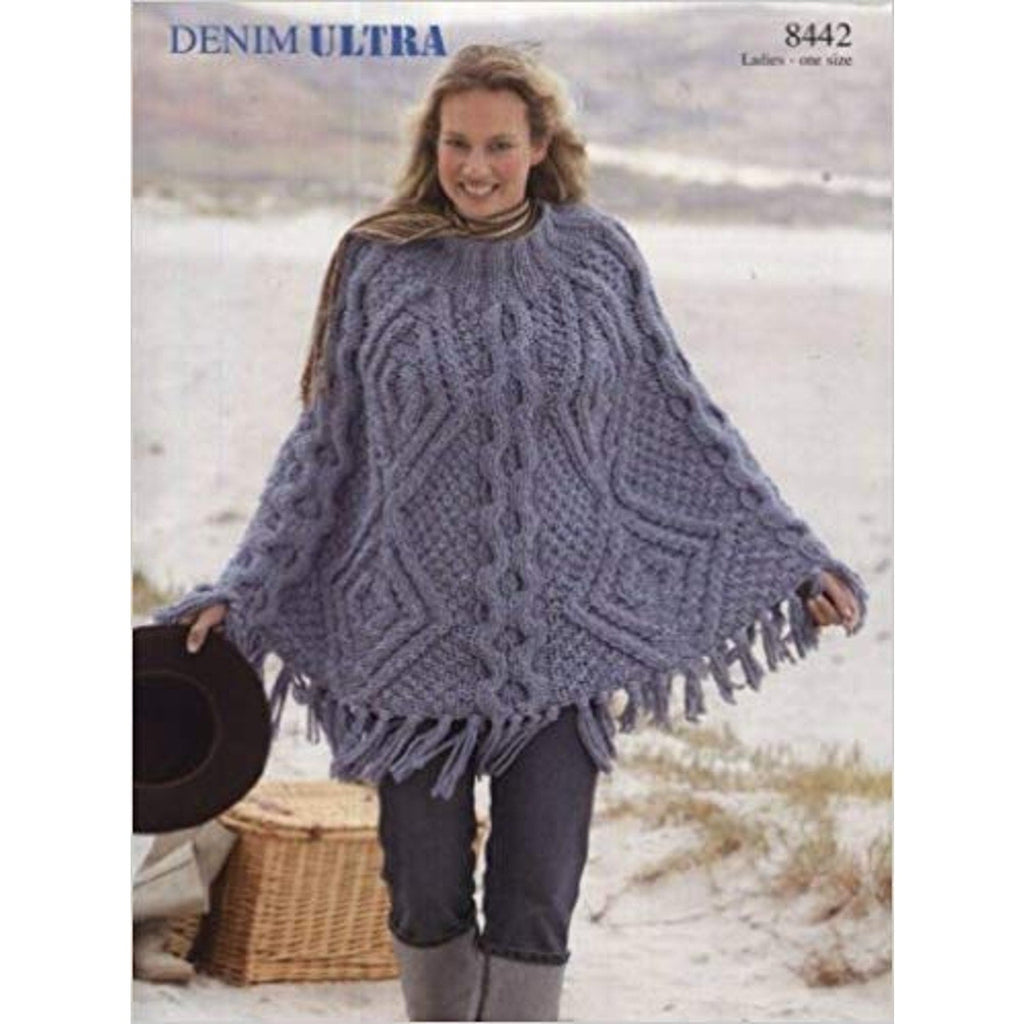 New Sirdar 8442 Denim Ultra Ladies Cabled Fringed Poncho Knitting Pattern