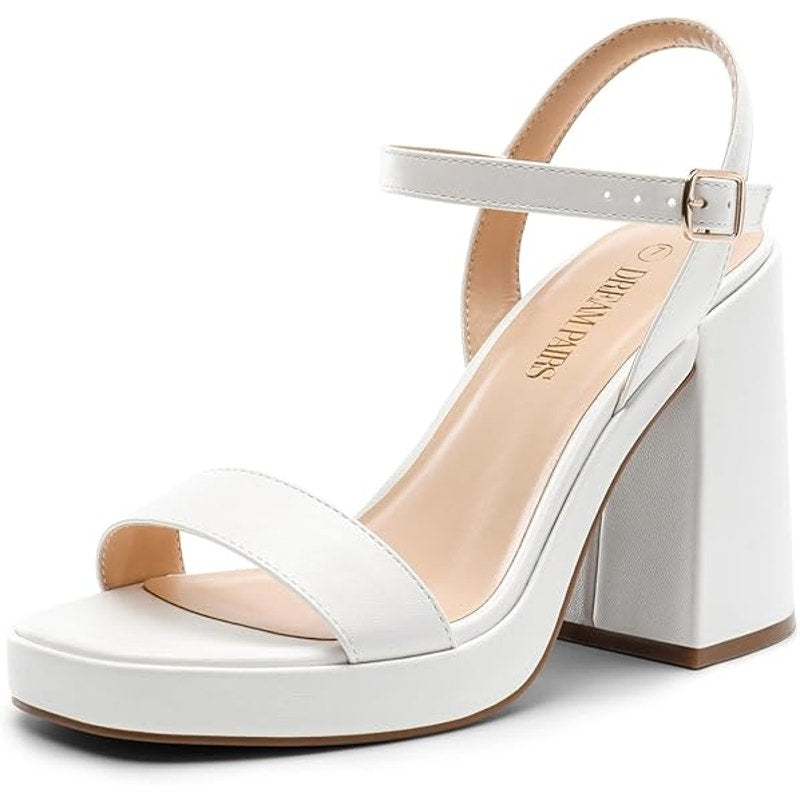 Dream Pairs Womens Size 9 White 4" Block Heels Open Square Toe Ankle Strap Shoes
