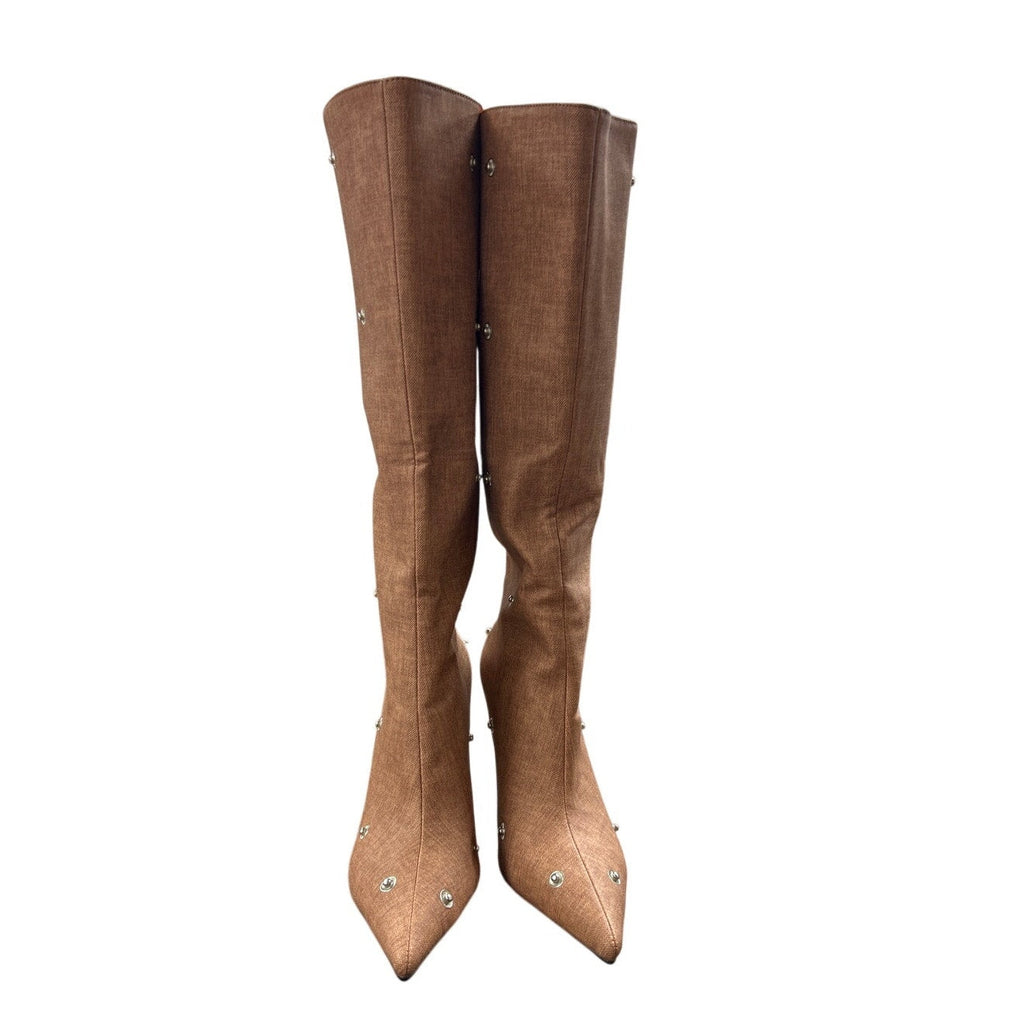 New Arqa Womens 7.5 Brown Faux Leather Studded 4" Heel Knee High Boots Shoes