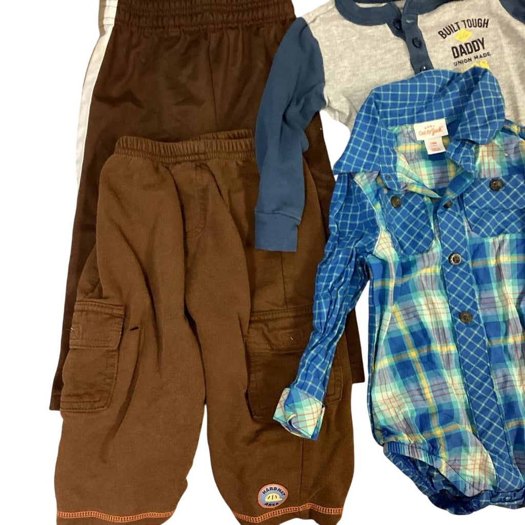 Lot of 6 Boys 12 Months Carters Cat & Jack Plaid Stripe Top Overalls Brown Pants