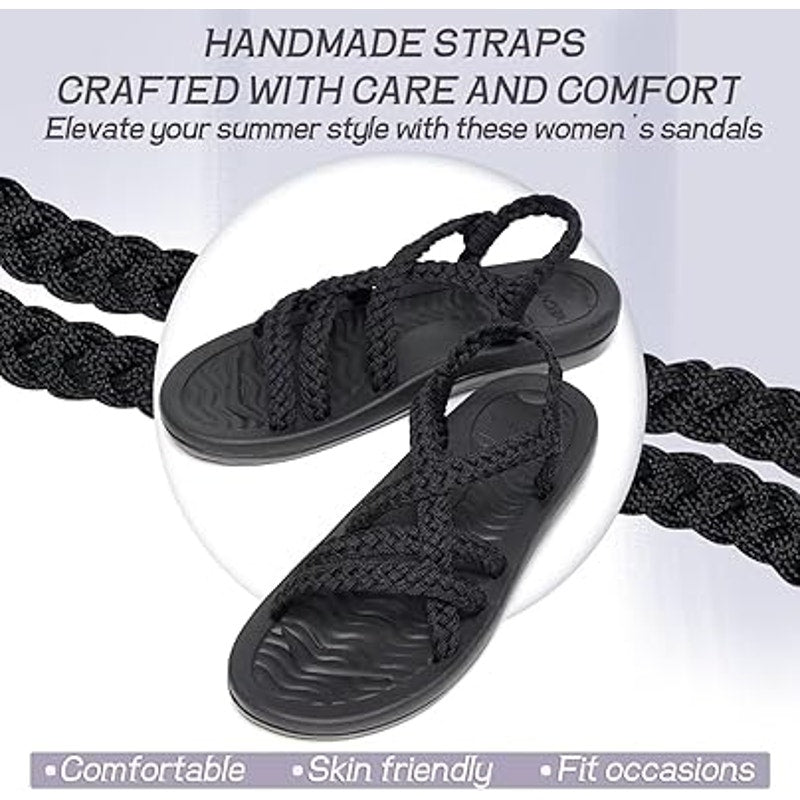 New Megnya Womens 7.5 Black Braided Strap Open Toe Slide On Cushioned Sandals