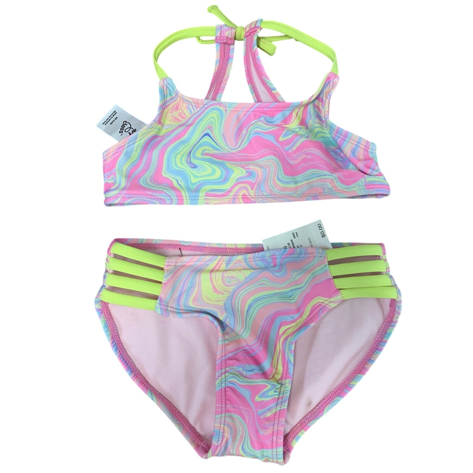 New Art Class Girls XL (14) UPF 50+ Pastels on Pink Swirl Bikini 2PC Swimsuit