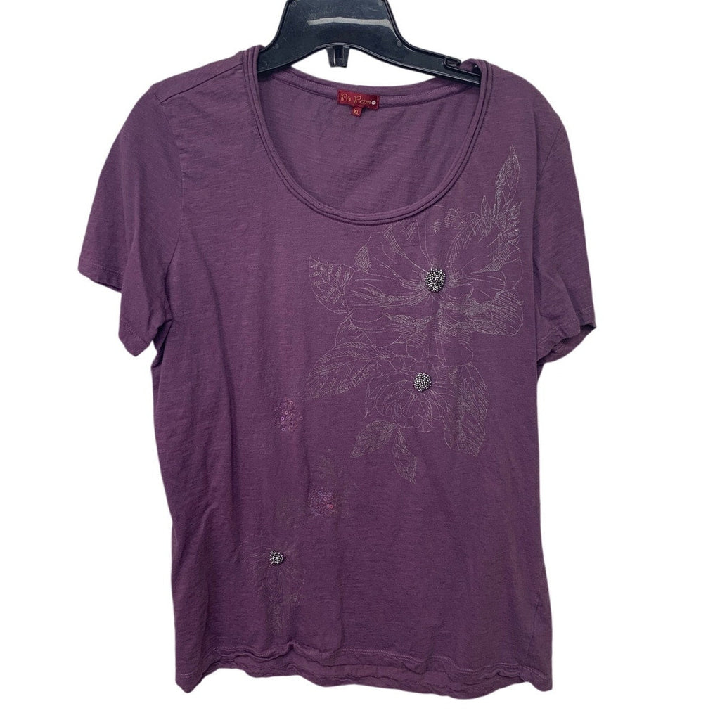 Lot of 3 Womens XL Green Purple Bling Floral Short Sleeve Summer Tops Shirts