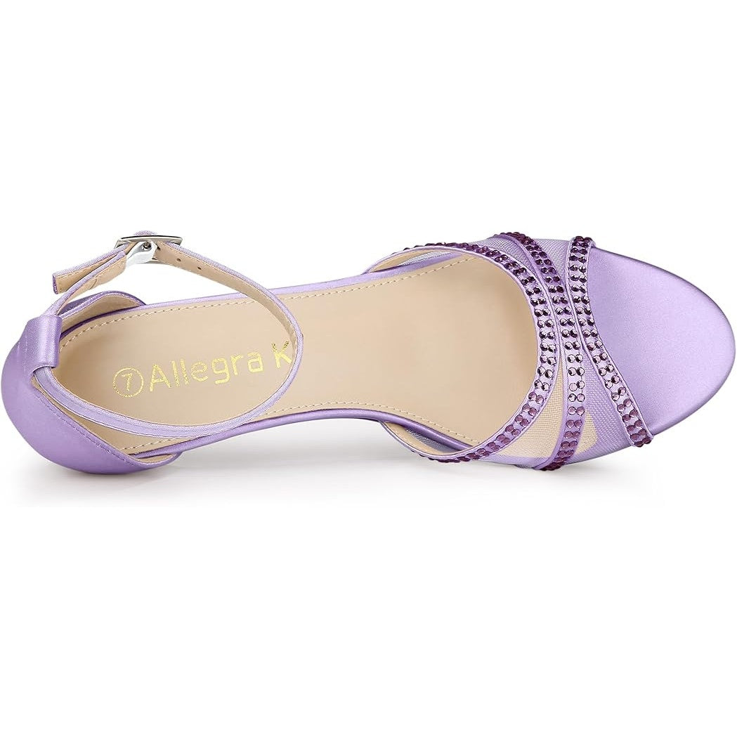 Allegra K Womens Size 8.5 Purple Satin Rhinestone Mesh Ankle Strap 2" Heels