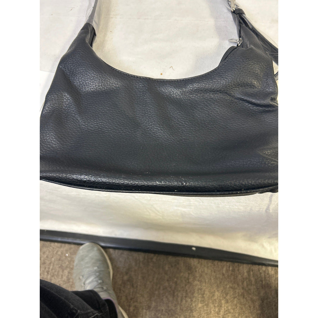Kalidi Womens Black Faux Leather Adjustable Strap Zipper Close Crescent Tote Bag