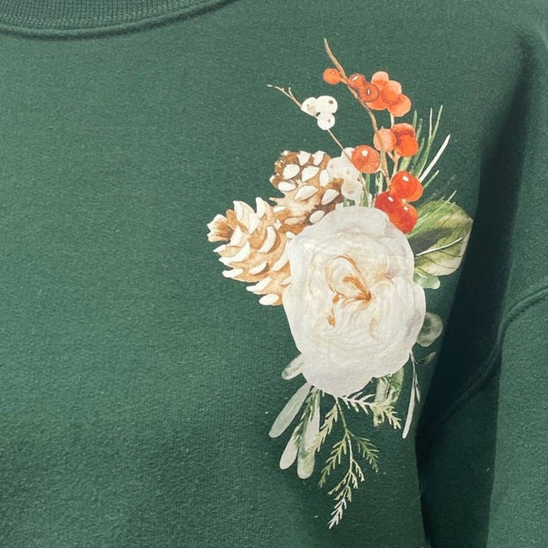 Hand Printed Upcycled Womens Small Christmas Rose Floral Pine Cone Sweatshirt