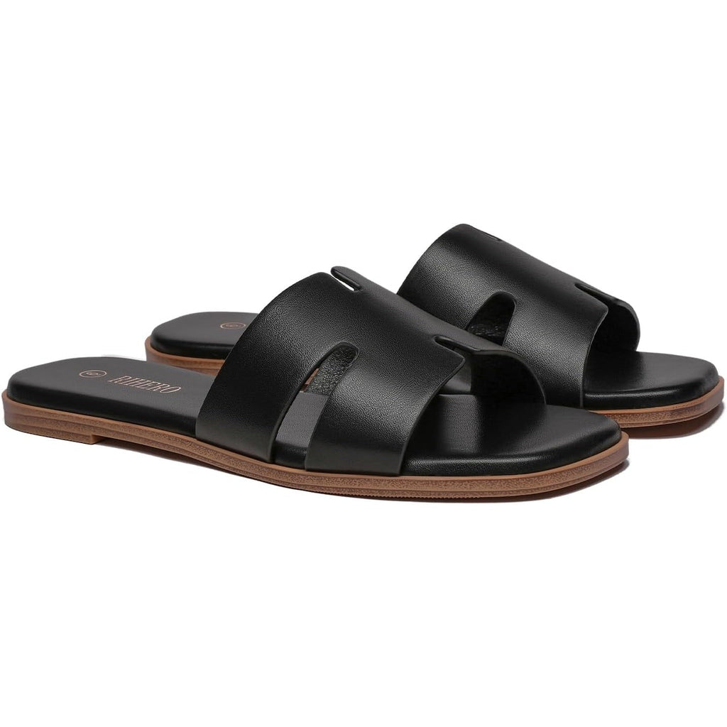 Rihero Womens Size 7 Black Sandals Flats Slip On Square Open Toe Slides Shoes