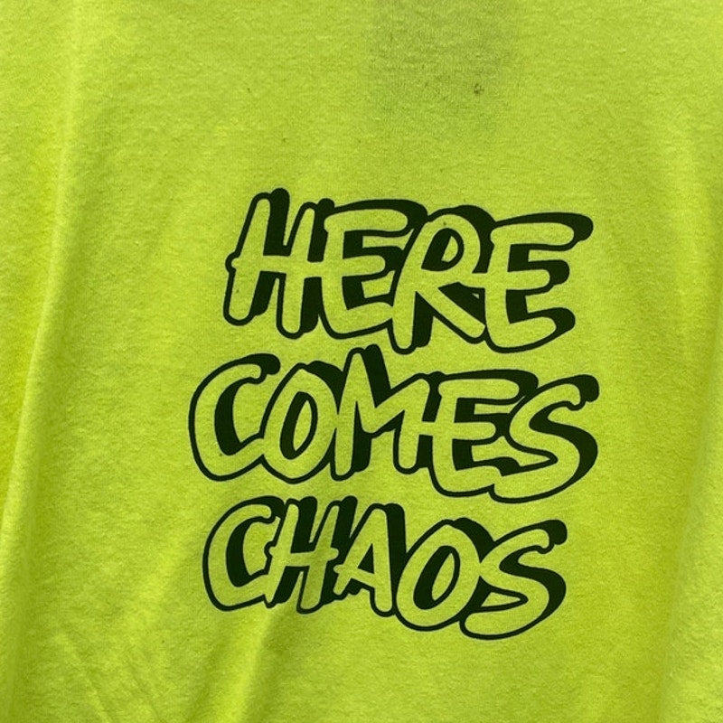 Hand Printed Upcycled Youth Medium Here Comes Chaos Neon Yellow Tee Shirt