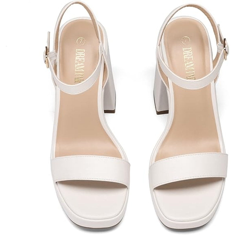Dream Pairs Womens Size 9 White 4" Block Heels Open Square Toe Ankle Strap Shoes