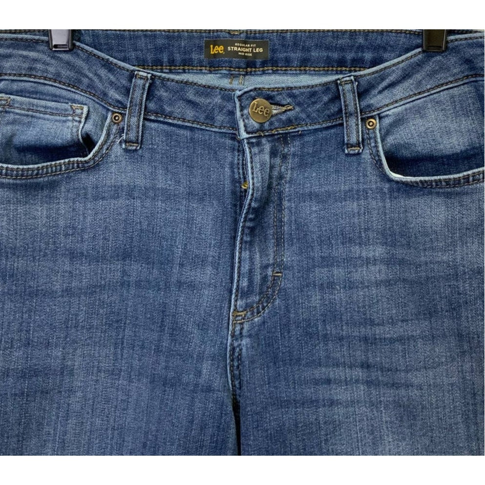 Lee Womens Size 14 Regular Fit Straight Leg Mid Rise Stretch Denim Blue Jeans