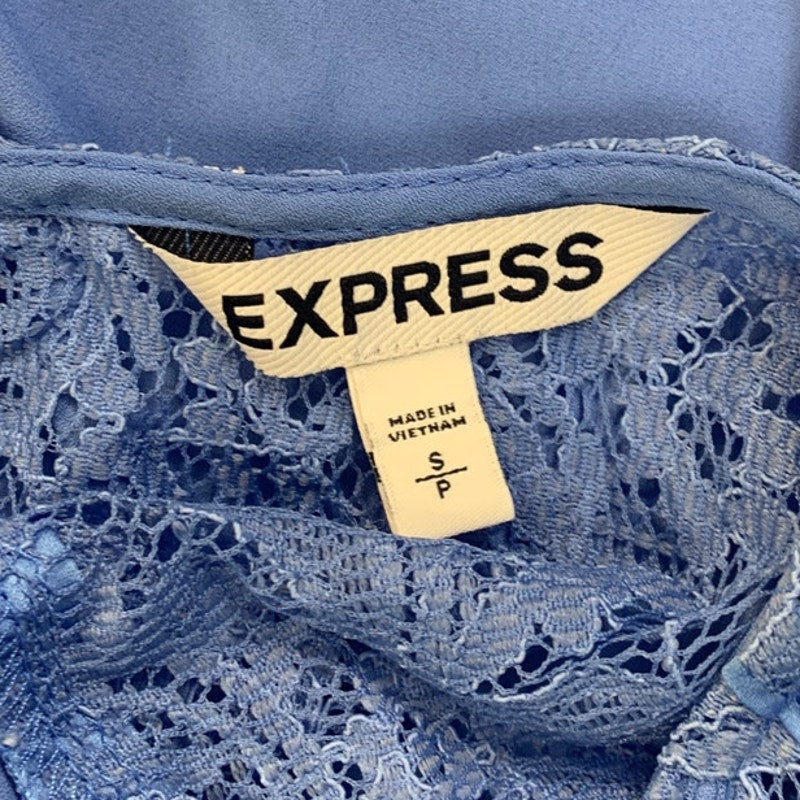 Express Womens Small Lace Chest Detail Solid Blue Short Sleeve Top Blouse