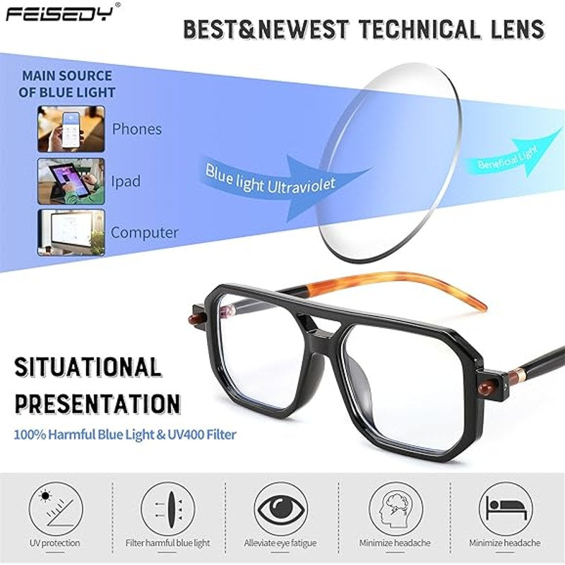 Feisedy Womens Black Vintage Square Blue Light Blocking +2.5 Reading Glasses
