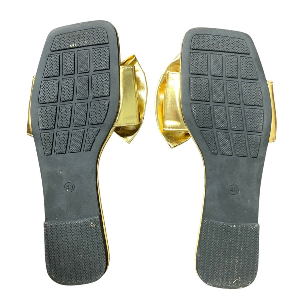 Gorglitter Women Size 9 Shiny Gold Bow Square Open Toe Slip On Flat Sandal Shoes