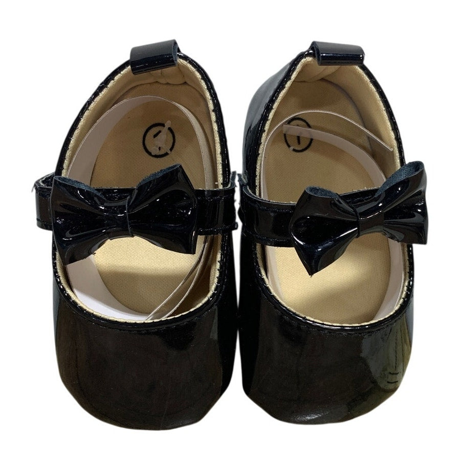 Newborn Baby Girls Size 1 Shiny Black Patent Leather Mary Jane Bow Infant Shoes